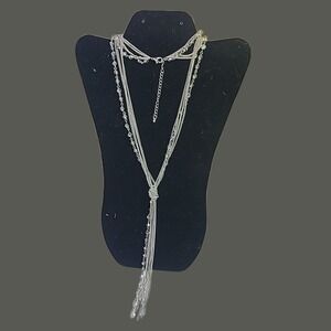 Long Silver Tone Chain & Crystal‎ Bead Y-drop Lariat Necklace 32" + 7" drop